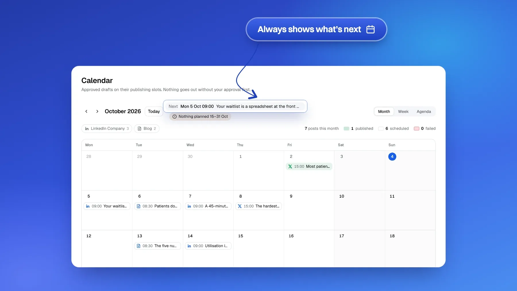 October on Rondo's calendar: posts on their slots with channel icons and times, and the Next line, naming the post that goes out next, lifted out.