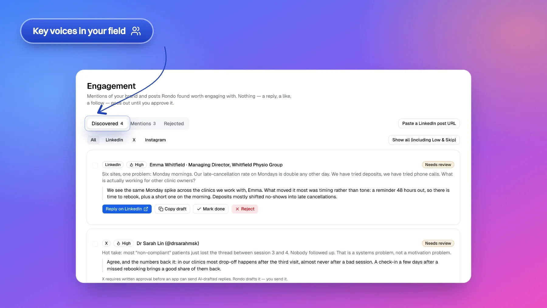 The Engagement inbox on its Discovered tab, called out: posts from key voices in the field on LinkedIn and X, each rated High, with a reply drafted in the brand's voice.