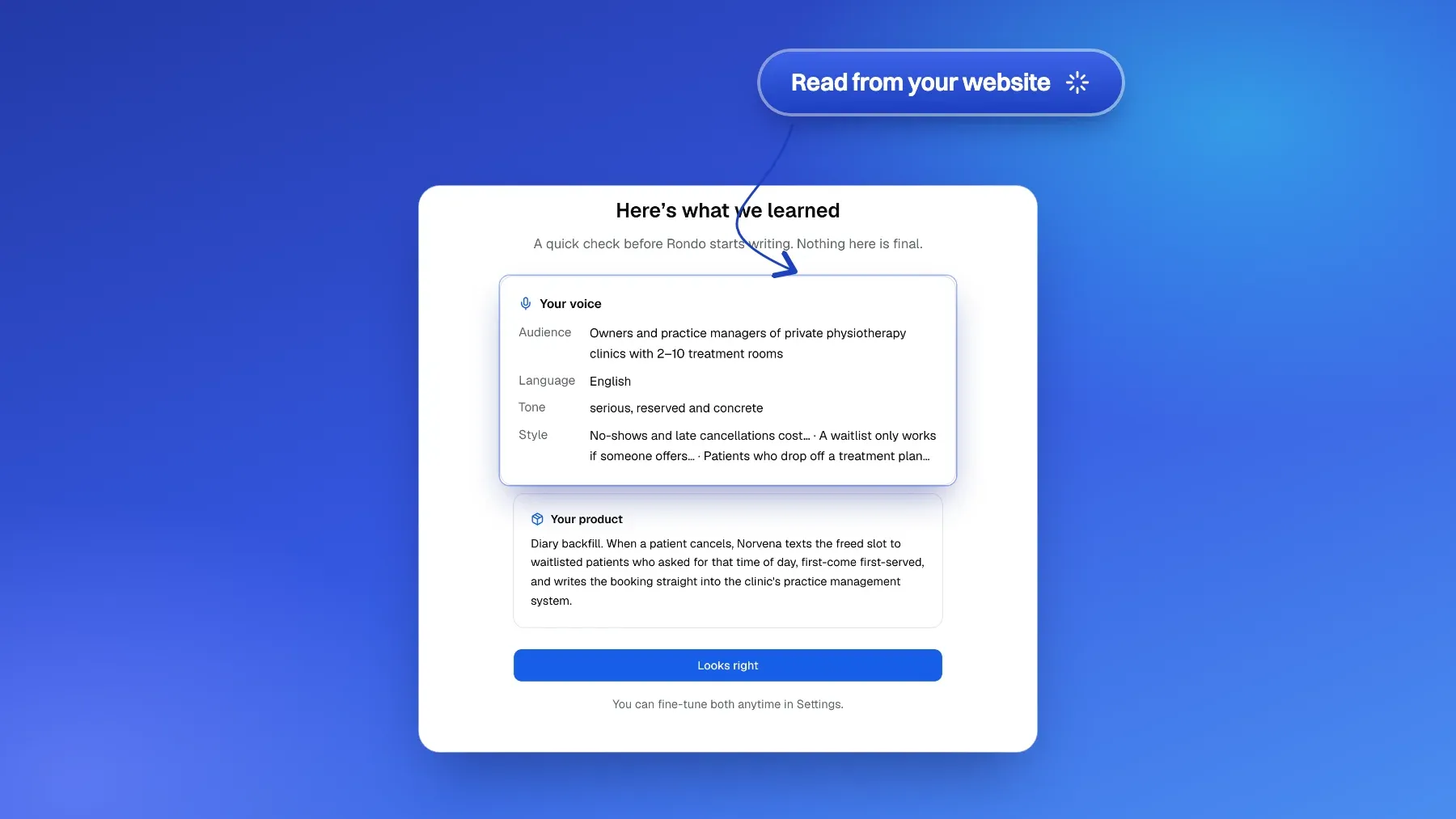 The guided setup's 'Here's what we learned' step: the voice Rondo read from the website (audience, language, tone and style) lifted out, the product summary beneath, and a Looks right button.