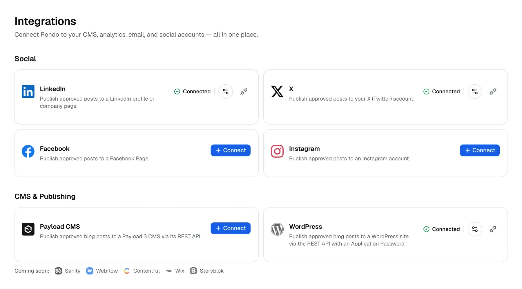 Rondo's Integrations screen: LinkedIn, X, WordPress, Plausible and Resend connected; Facebook, Instagram, Payload CMS and Google Analytics ready to connect.