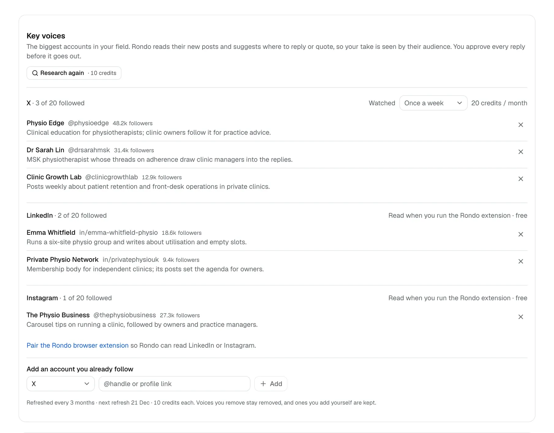 Settings → Watches, Key voices: three accounts followed on X, two on LinkedIn and one on Instagram, each with its follower count and why it matters to the brand.