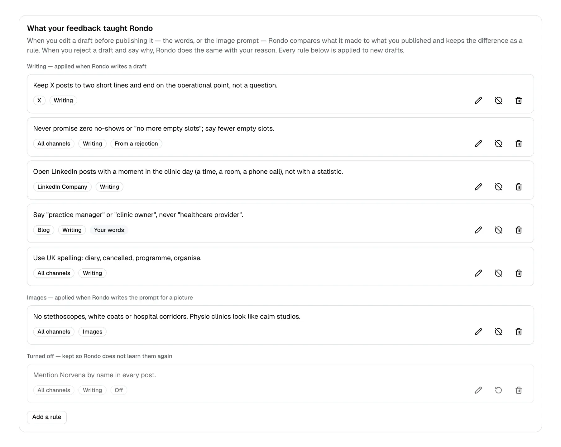 Settings → Voice, 'What your feedback taught Rondo': writing and image rules learned from edited and rejected drafts, each with its channel and kind, and controls to edit, switch off or delete it.