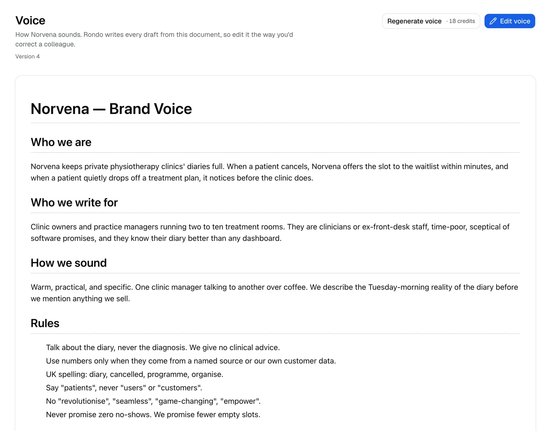 Settings → Voice: the brand-voice document rendered (who we are, who we write for, how we sound, rules and vocabulary) at version 4, with Edit voice and Regenerate voice.